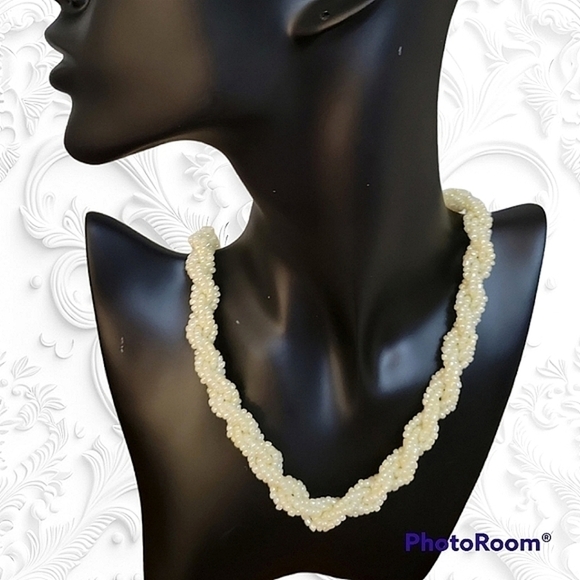 VTG Ivory Cream Glass Beaded Twisted Braided Bayadere Bridal Necklace - Picture 1 of 5